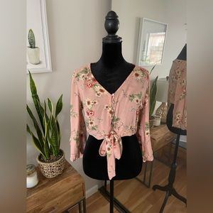 Cute Pink Floral Boho Button Crop Top With Flare Sleeves and Front Tie